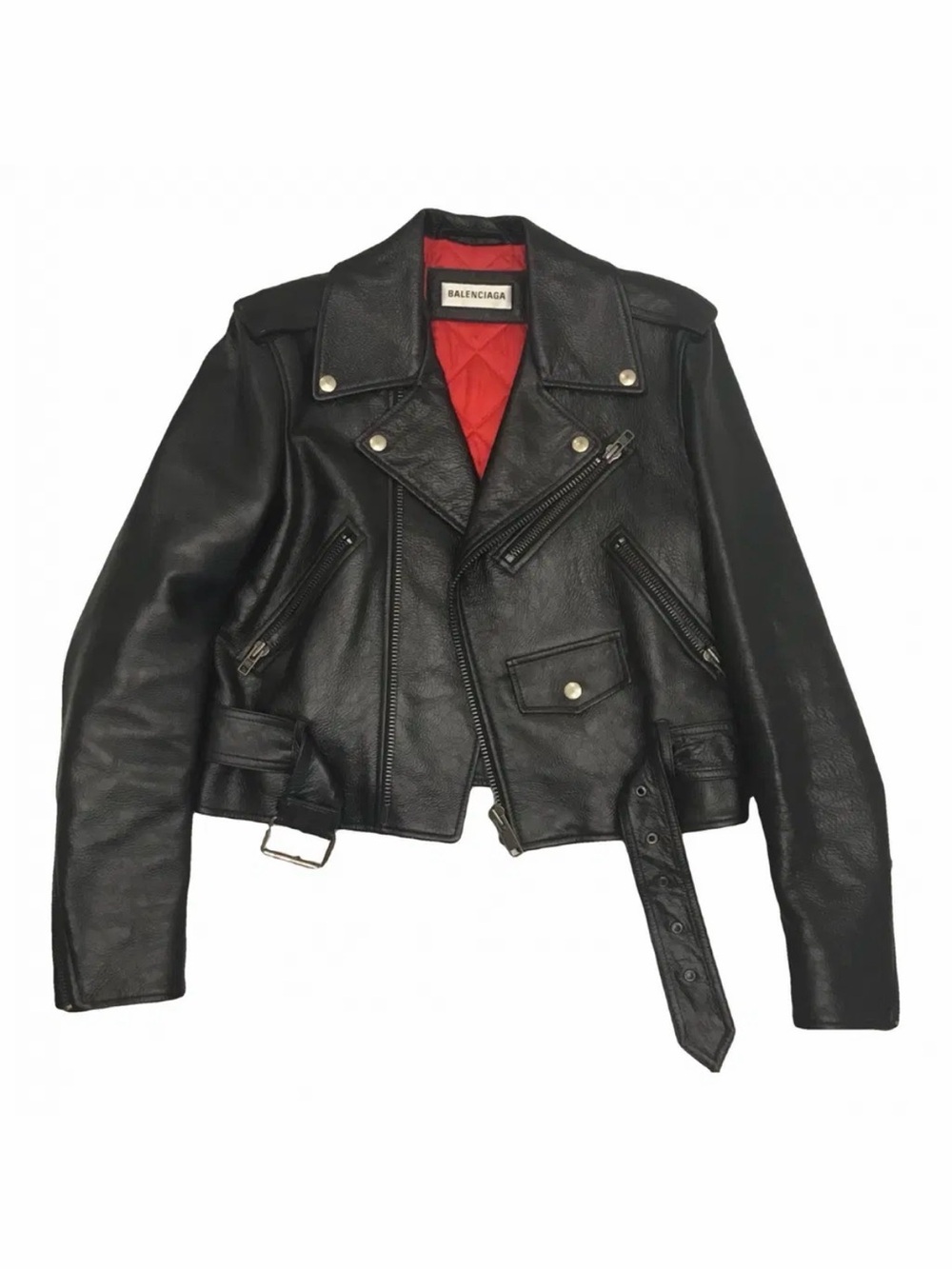 Balenciaga Black Leather Biker Jacket with Red Quilted Lining